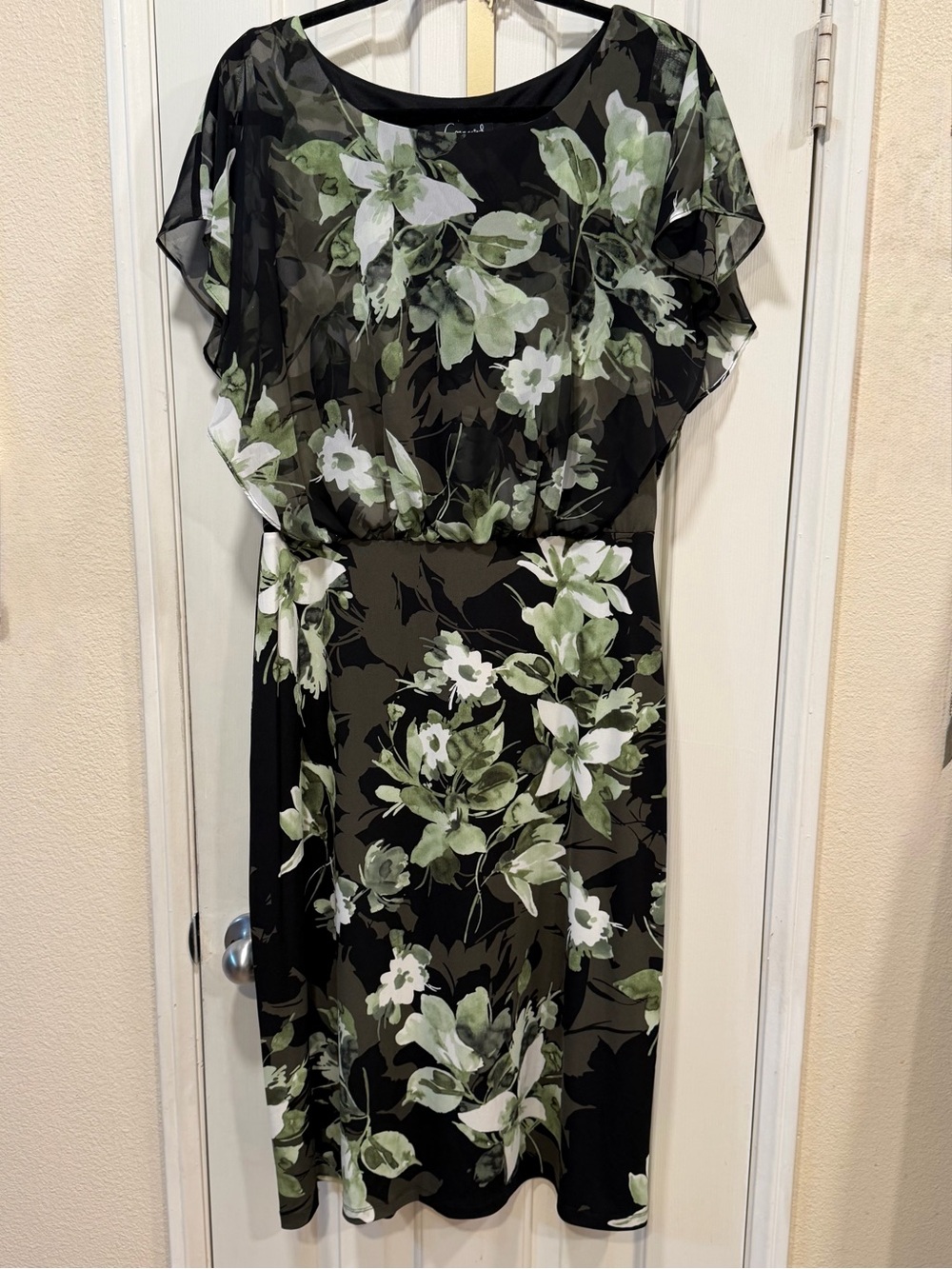 Connected Apparel Chiffon Floral Black and Green Dress 16